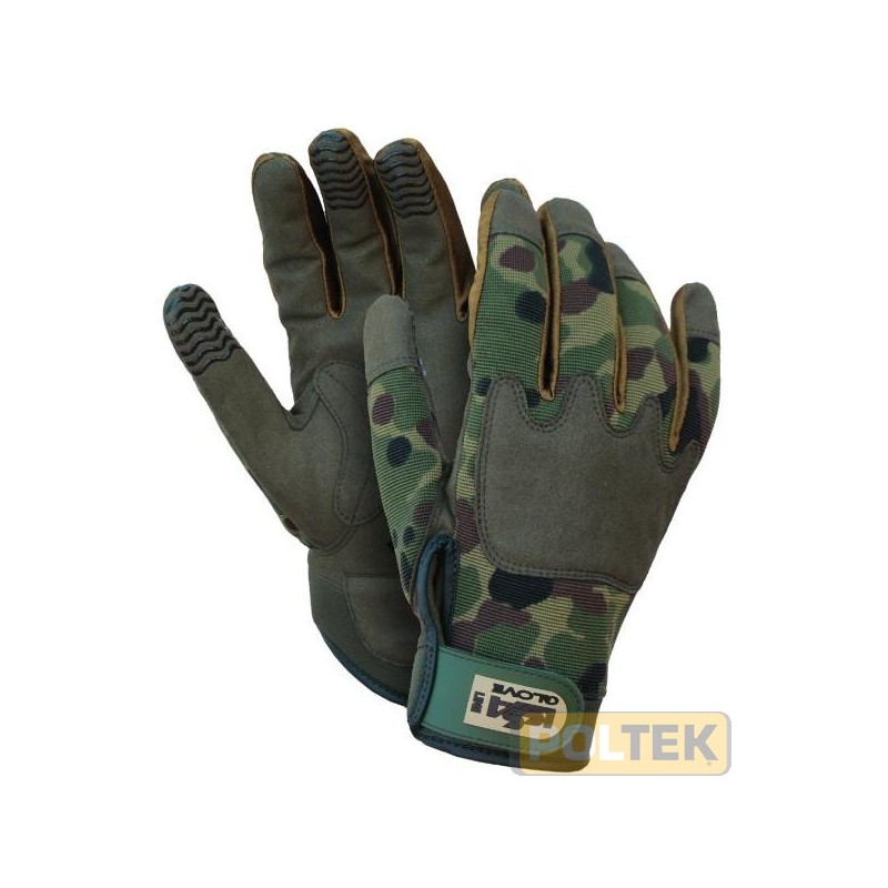 Guanto High Tech con palmo in morbida pelle sintetica Clarino. Dorso mimetico con inserto para nocche. Pratica chiusura a velcro