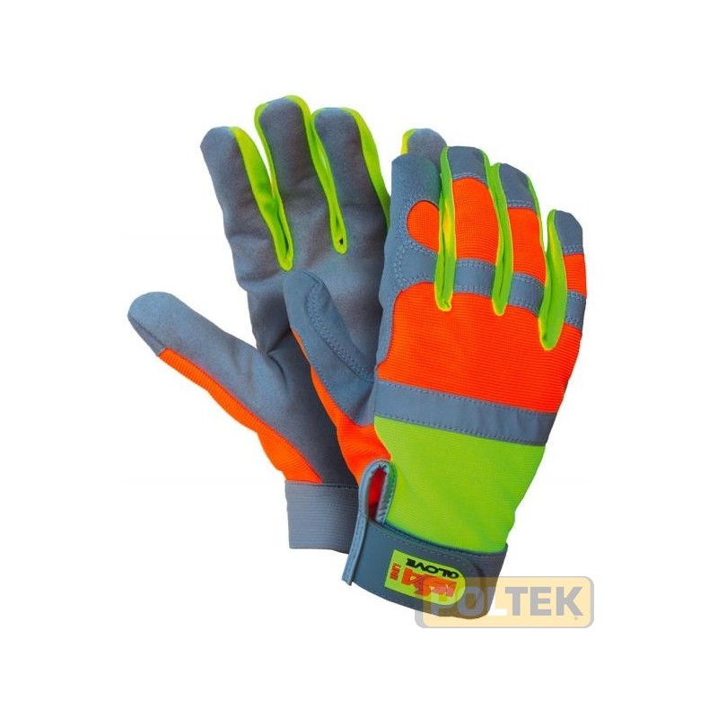 Guanto High Tech con palmo in morbida pelle sintetica Clarino. Dorso in nylon elasticizzato alta visibilità. Banda rifrangente.