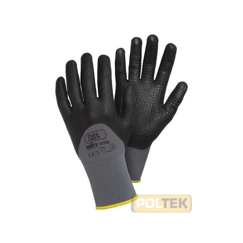 Guanto tecnico in filo continuo nylon/spandex 15 aghi, con spalmatura in schiuma di nitrile fino a ¾ del dorso; i “puntini”