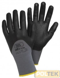 Guanto tecnico in filo continuo nylon/spandex 15 aghi, con spalmatura in schiuma di nitrile fino a ¾ del dorso; i “puntini”