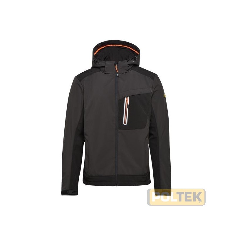 Giacca softshell con tecnologia Breathing System by Geox. Cappuccio staccabile con tripla regolazione, 2 tasche laterali e 1 fro