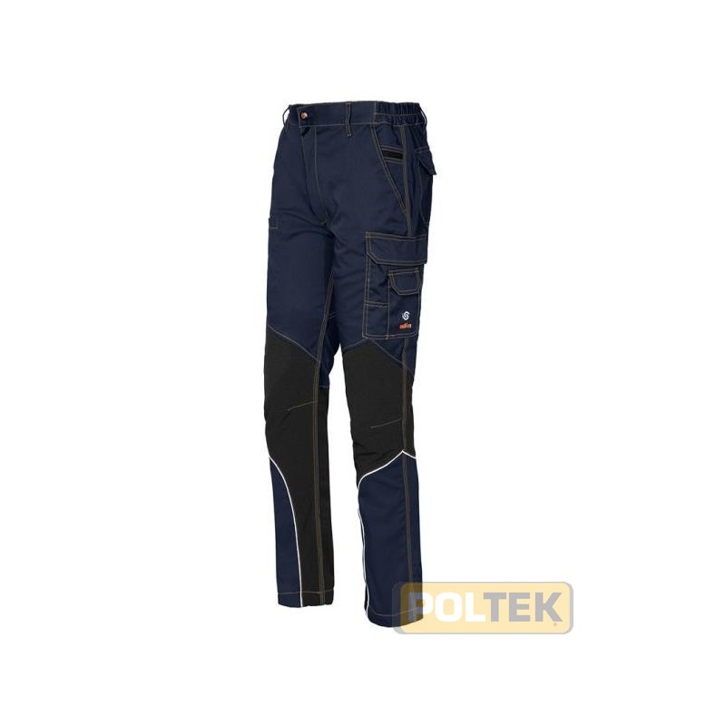 Pantalone tecnico con inserti in tessuto antiabrasione e piping riflettente. Possibilità di regolazione in lunghezza e larghezz