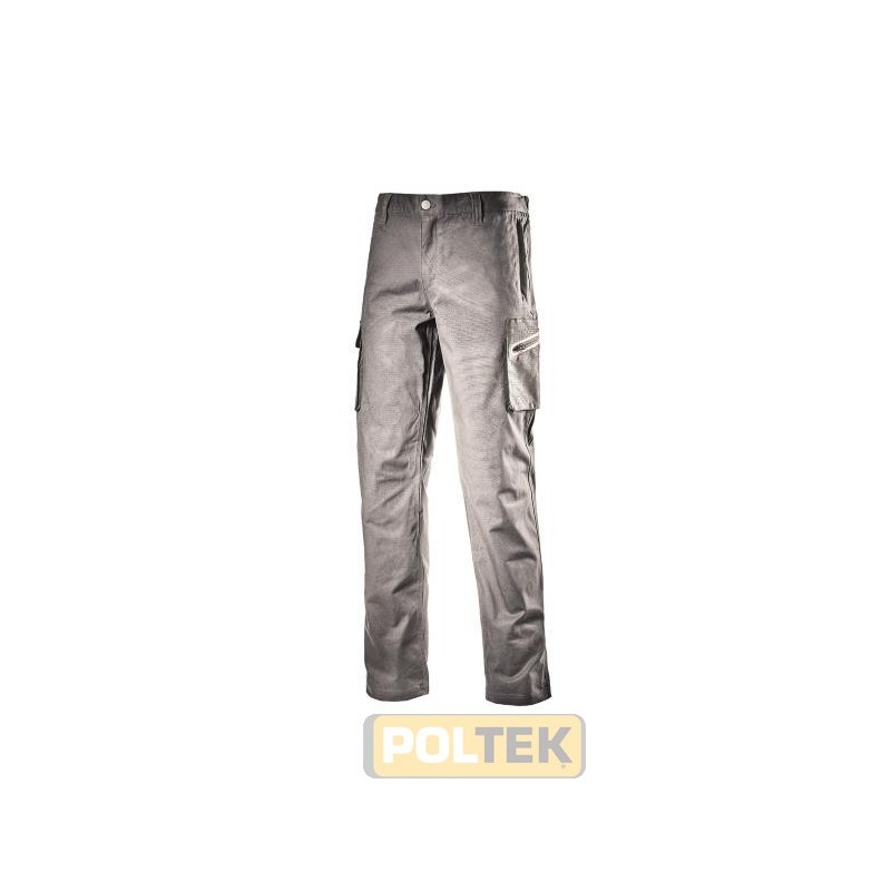 Pantalone cargo in cotone canvas elasticizzato, tasca laterale zippata con dettaglio termonastrato rosso e tasche mani zippate i