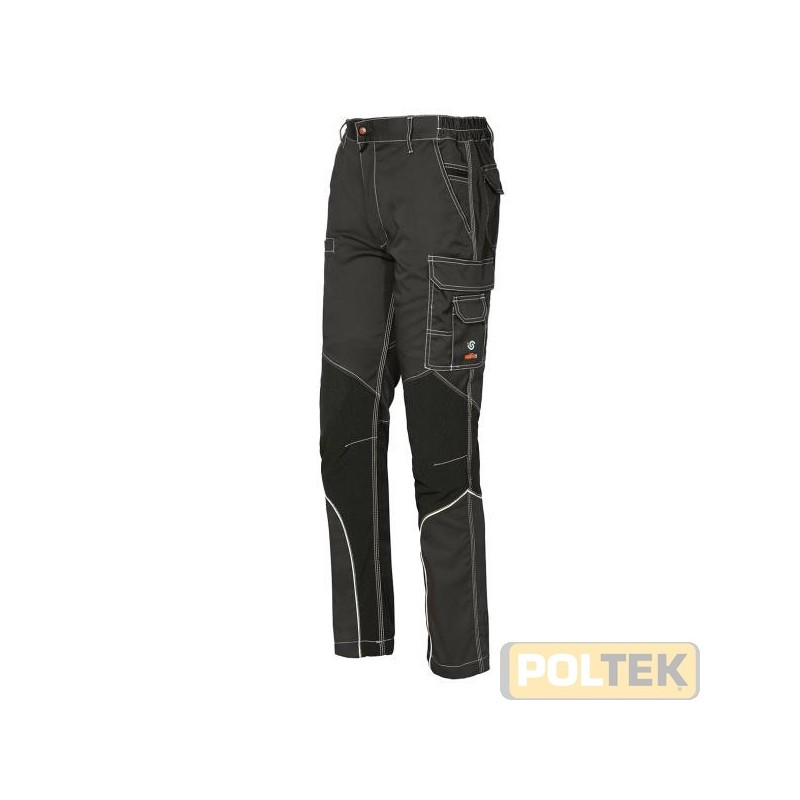 Pantalone tecnico con inserti in tessuto antiabrasione e piping riflettente. Possibilità di regolazione in lunghezza e larghezz