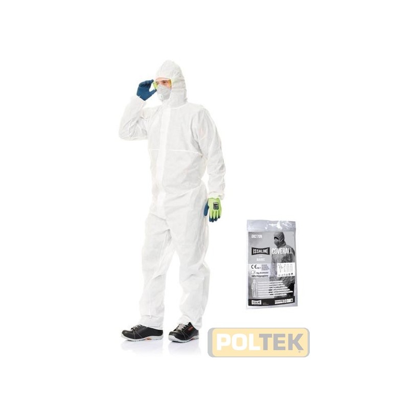 Tuta in polipropilene con cappuccio, tasca posteriore. Elastico su cappuccio, polsi, vita, caviglie.