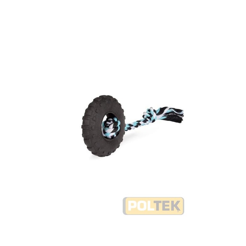 Divertente gioco per cani nella forma di uno pneumatico in foam TPR con corda in cotone.