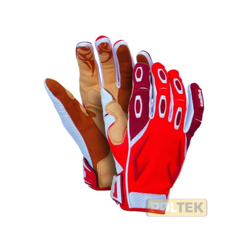 Guanto High Tech di derivazione sportiva, in pelle sintetica Clarino ma arricchito da rinforzi in gomma, inserti in gel assorben