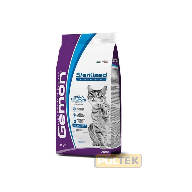 Gemon Sterilised (+ 12 mesi) con Tonno e Salmone è un alimento completo per gatti adulti sterilizzati. La formulazione è carat