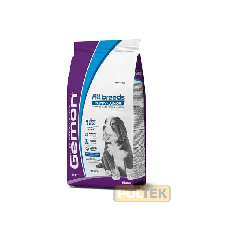 GEMON ALL BREEDS PUPPY AND JUNIOR CON TONNO E RISO è un alimento completo per cani cuccioli di tutte le taglie. La formulazione