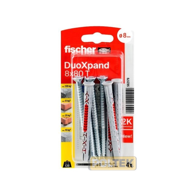 Tassello prolungato bimateriale certificato ETA e marcato CE, con vite zincata a testa svasata piana e impronta Torx.