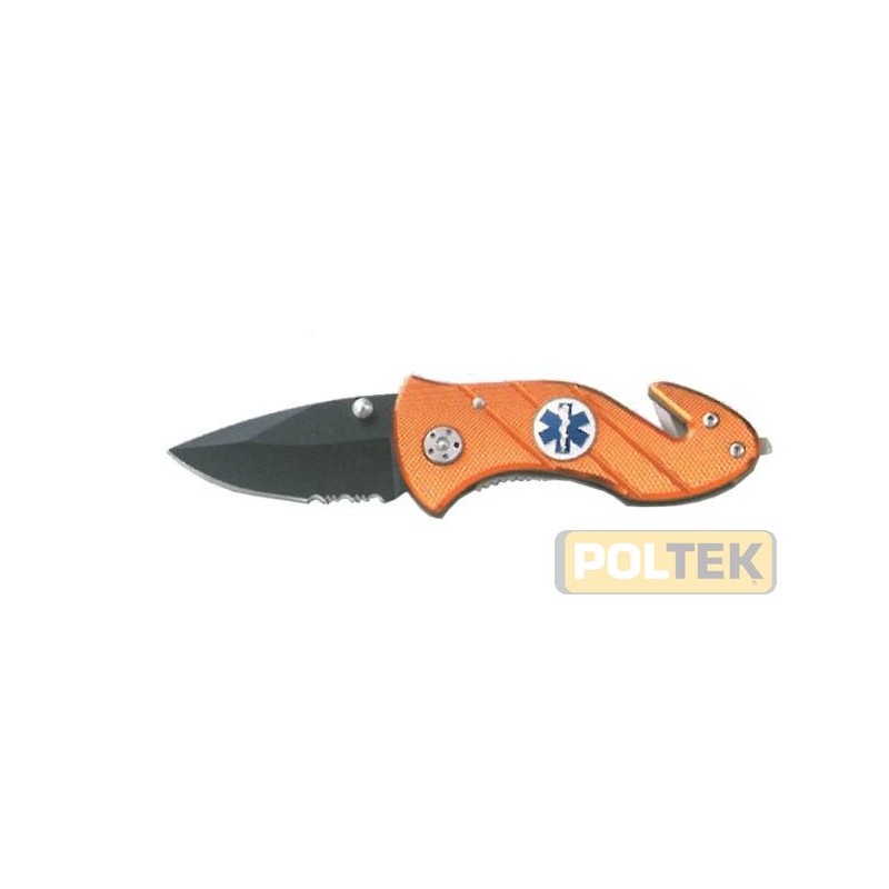 “First aid”. Lama in acciaio inox. Manico in alluminio con frangivetro e tagliacintura.