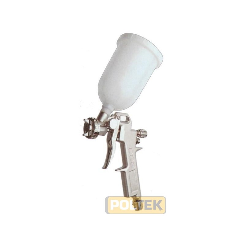 Aerografo con serbatoio a caduta e capacità da cc. 500. Pressione massima di esercizio da 4 a 8 BAR. Consumo d'aria da 100 a 20