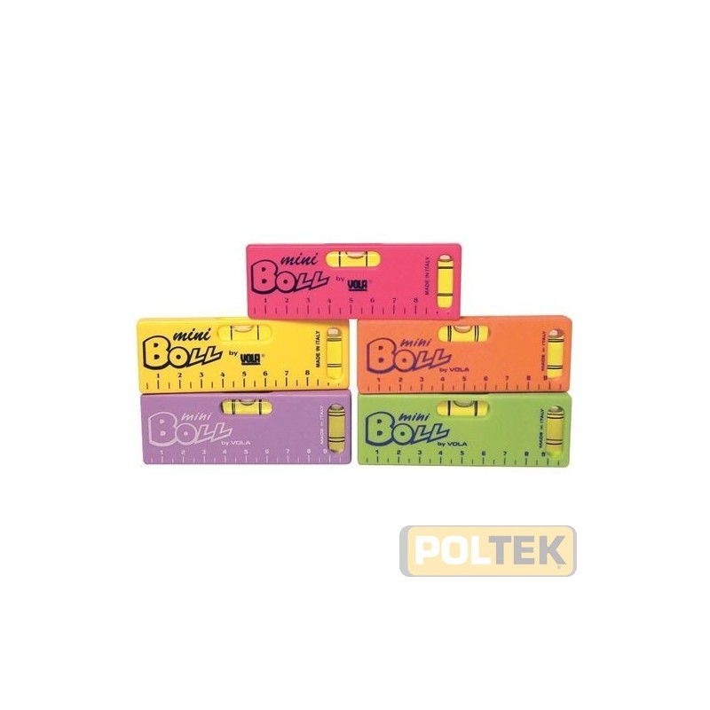 Livellina in materiale plastico (ABS) a due fiale. Sono disponibili in 5 colori: lilla, fuxia, giallo fluorescente, verde ed ara