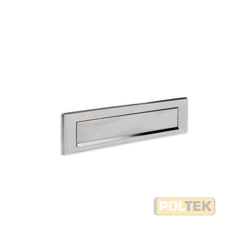 Placca grande realizzata in ottone lucido o cromo-satinato, protetta da portina oscillante verso l’esterno (apertura imbuca le