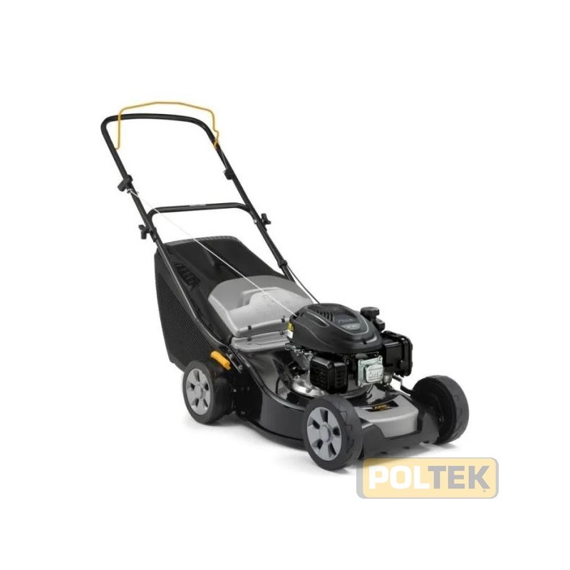 Tagliaerba a spinta con motore da 125 cc. Il piatto ha una larghezza di taglio di 41 cm ed è realizzato in acciaio resistente. 