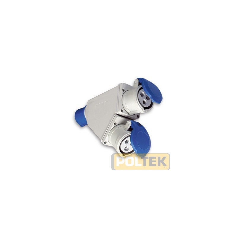 Adattatore industriale da spina 2P+T 16A CEE blu a 2 prese 2P+T 16A CEE blu IP44.
