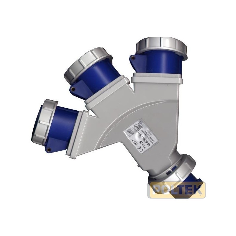 Adattatore industriale da spina 2P+T 16A blu a 3 prese 2P+T 16° CEE blu IP67.