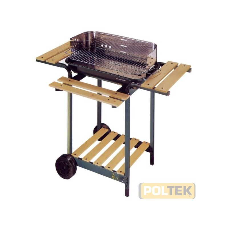 Barbecue in acciaio verniciato con carrello. Ripiani e mensole laterali in legno massello. Paravento in acciaio inox con innesto