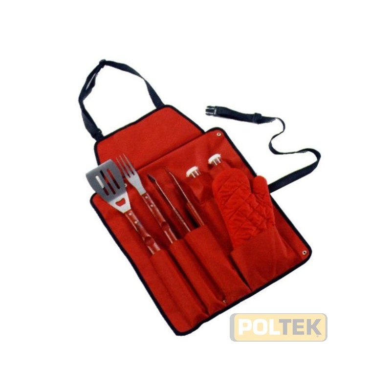 Grembiule rosso portautensili con 6 accessori.