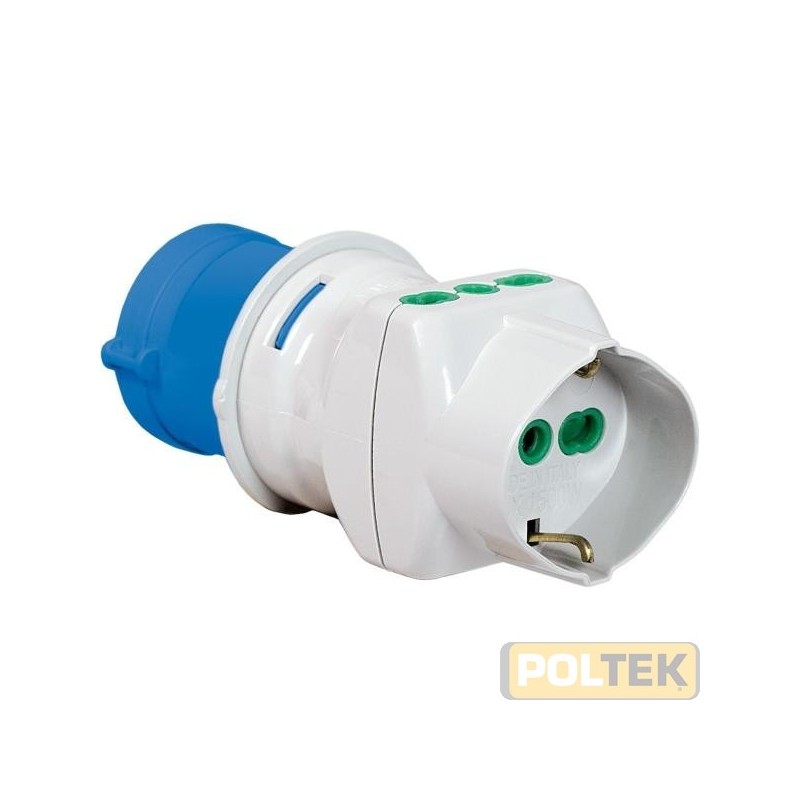 Adattatore industriale da spina 2P+T 16A CEE blu a 2 presa 2P+T 16A Bipasso + 1 Bipasso/Schuko