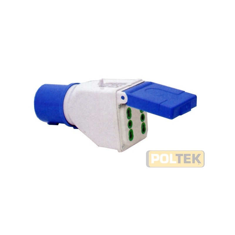 Adattatore industriale IP44 da spina 2P+T 16A CEE blu a 2 prese 2P+T 16A Bipasso