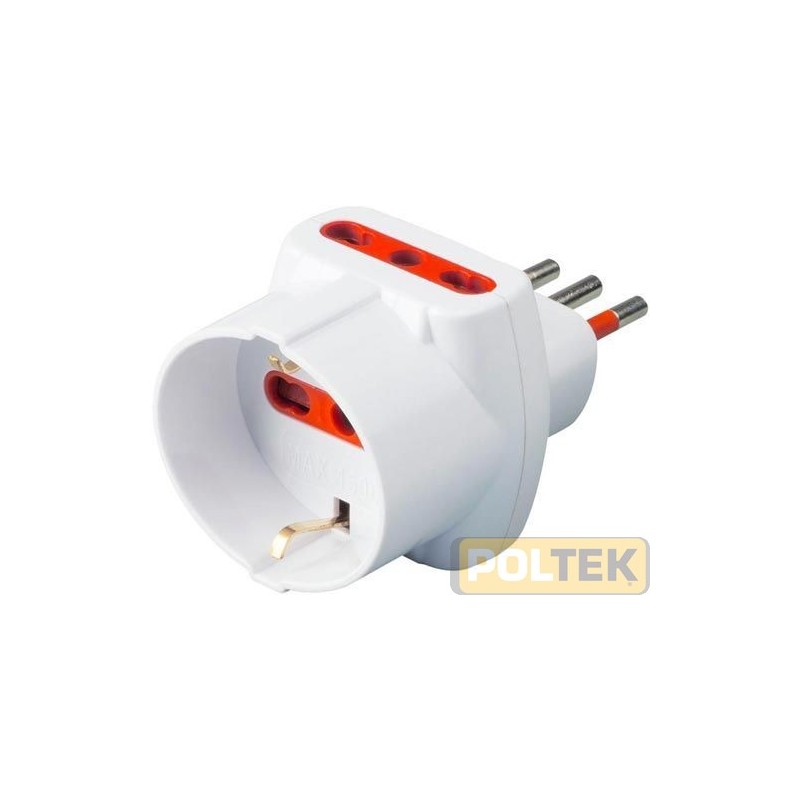 Tripla con spina 10A, 2 prese 10/16A e 1 presa schuko bivalente, con limitatore di corrente autoripistinabile - bianco