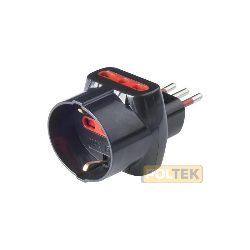 Tripla con spina 10A, 2 prese 10/16A e 1 presa schuko bivalente, con limitatore di corrente autoripistinabile - nero