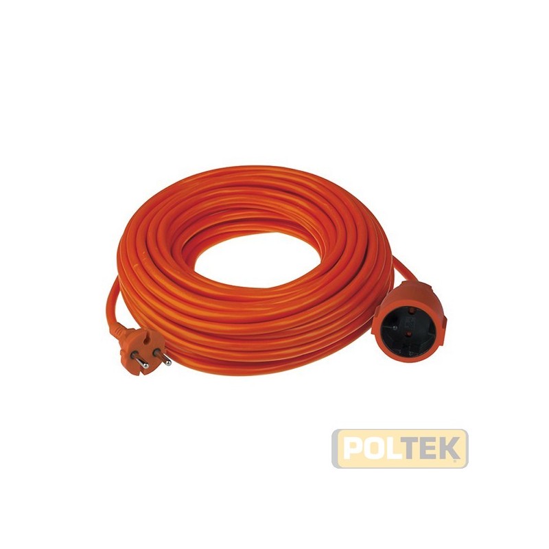 Prolunga 250 V~ con 15 m di cavo H05VV-F 2 x 1,5 mm², spina e presa 16 A 2P standard tedesco. Colore: arancio. Questa prolunga 