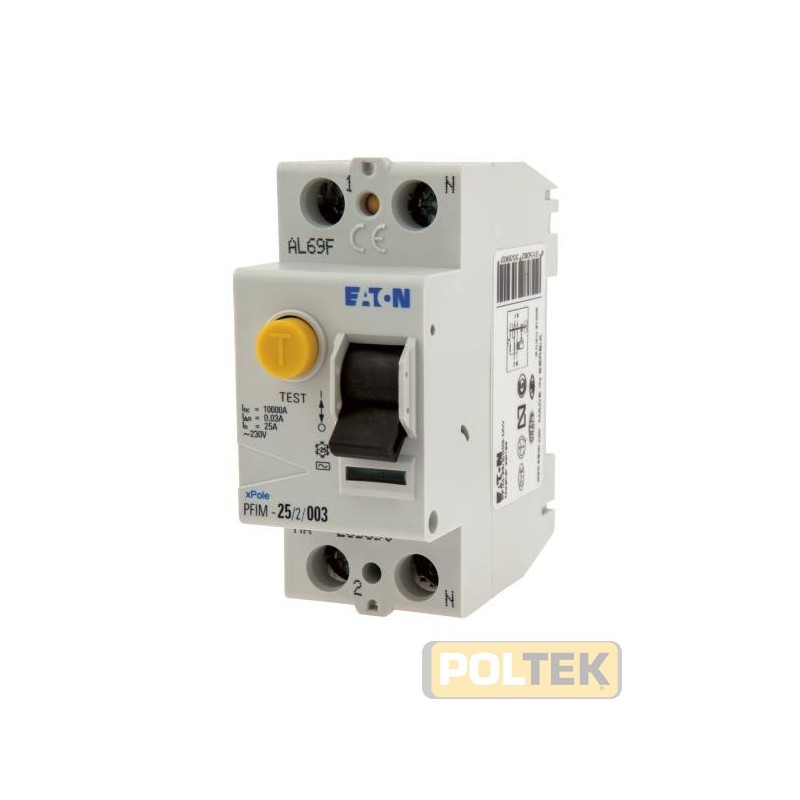 Interruttore differenziale 25 A 2P 230 V~, sensibilità 0,03 A, ingombro 2 moduli DIN. Colore: grigio. Adatto per proteggere i c