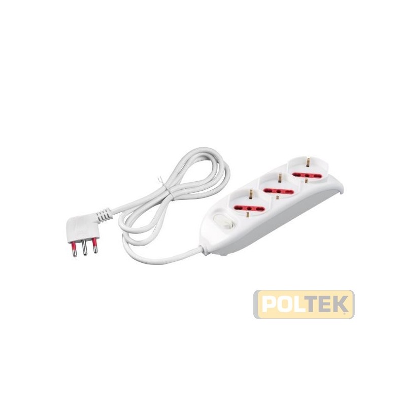 Presa multipla 250 V~ con 3 prese pluristandard 10 / 16 A 2P+T, standard italiano 10 / 16 A e tedesco 16 A (con terra laterale),