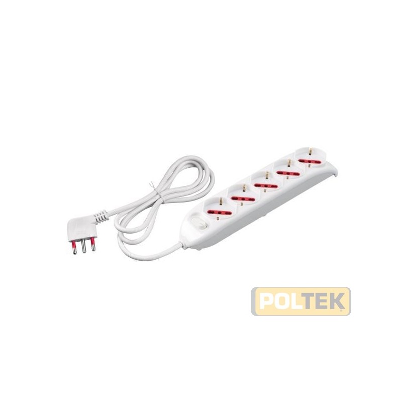 Presa multipla con 5 prese pluristandard 10 / 16 A 2P+T, standard italiano 10 / 16 A e tedesco 16 A, 1,5 m cavo con spina 16 A 2
