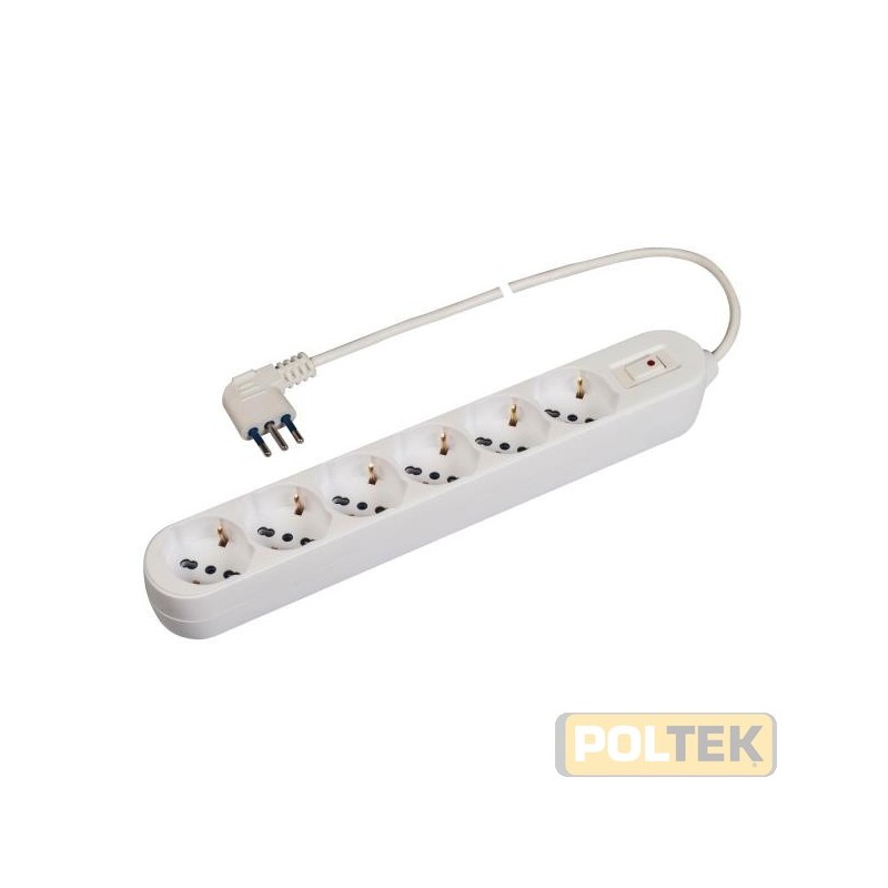 Presa multipla 250 V~ con 6 prese "grandi" pluristandard 10 / 16 A 2P+T, standard italiano 10 / 16 A e tedesco 16 A (con terra l