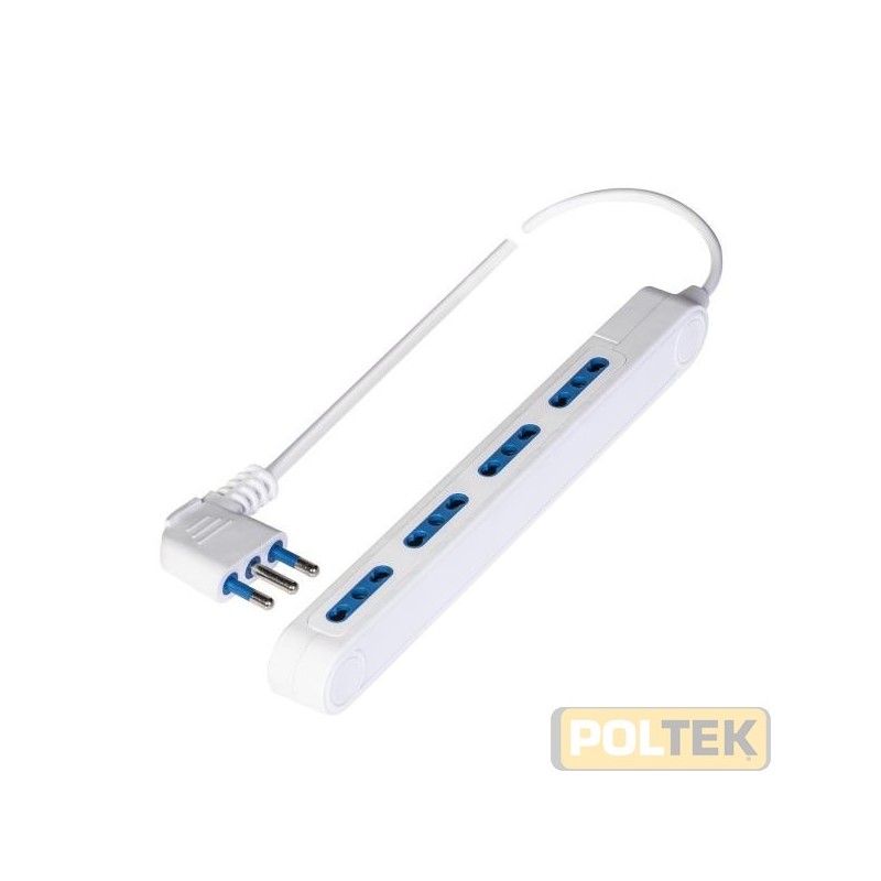 Presa multipla "SPAZIOZERO" 250V~ con 4 prese 10/16A 2P+T, 1,5 m cavo H05VV-F 3X1 mmq, spina "salvaspazio" con uscita a 90°. Co
