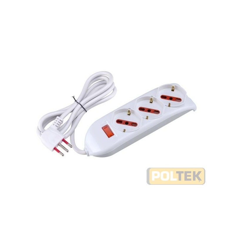 Presa multipla 250 V~ con 3 prese "grandi" pluristandard 10 / 16 A 2P+T, standard italiano 10 / 16 A e tedesco 16 A (con terra l