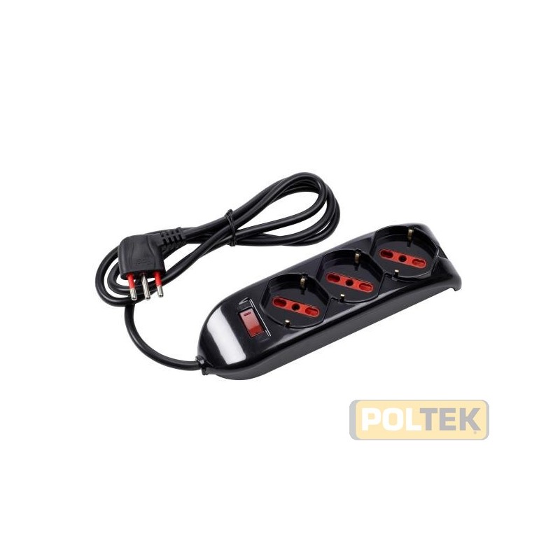 Presa multipla 250 V~ con 3 prese "grandi" pluristandard 10 / 16 A 2P+T, standard italiano 10 / 16 A e tedesco 16 A (con terra l