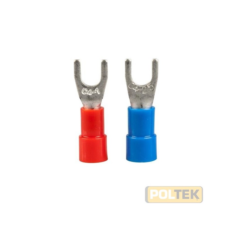 20 terminali per cavi unipolari in rame stagnato, preisolati, a forcella (diametro interno 4,3 mm): 10 per cavi di sezione da 0,