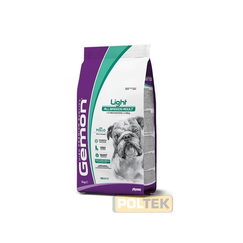 GEMON ALL BREEDS ADULT LIGHT CON POLLO è un alimento completo per cani adulti di tutte le taglie. La formulazione è caratteriz