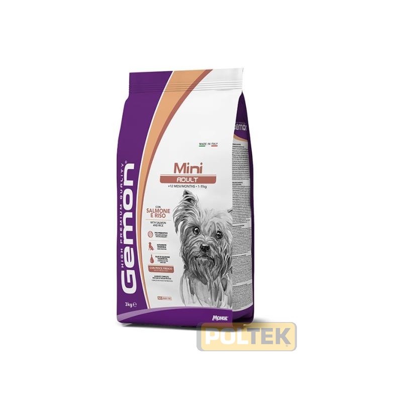 GEMON MINI ADULT CON SALMONE E RISO è un alimento completo per cani adulti di taglia mini. La formulazione è caratterizzata da