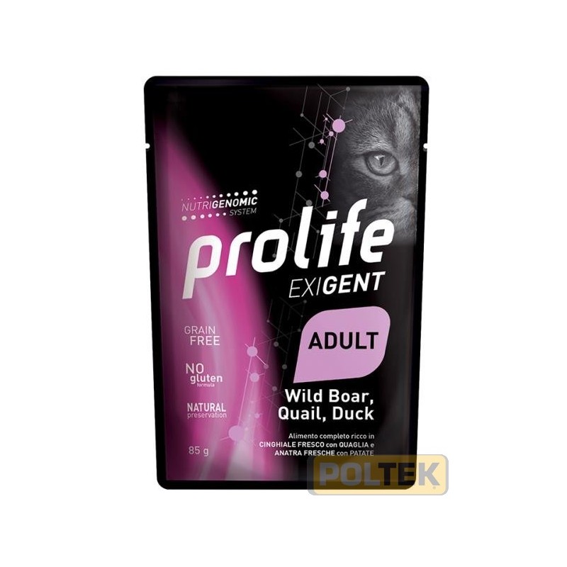 PROLIFE GATTO BUSTA 85g EXIGENT CINGHIALE,QUAGLIA, ANATRA, P