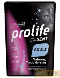 PROLIFE GATTO BUSTA 85g EXIGENT SALMONE,TROTA, ARINGA, PATAT