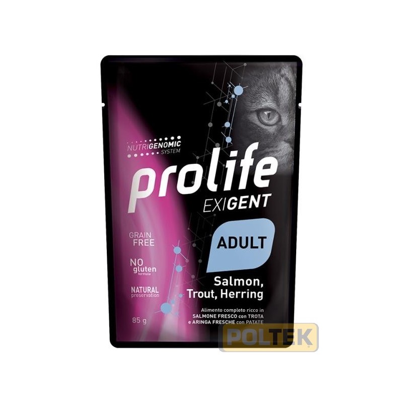 PROLIFE GATTO BUSTA 85g EXIGENT SALMONE,TROTA, ARINGA, PATAT