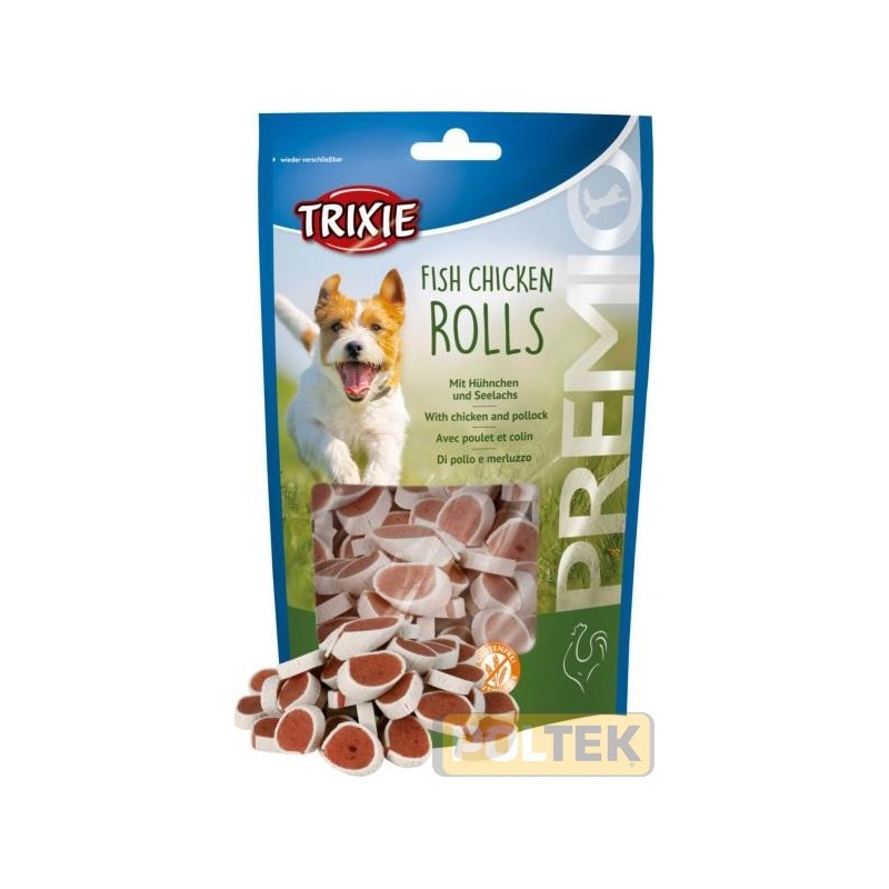 Composizione : carne di pollo (65 %), merluzzo (18 %), glicerina, proteine della soia, amido di patata, minerali | senza glutine