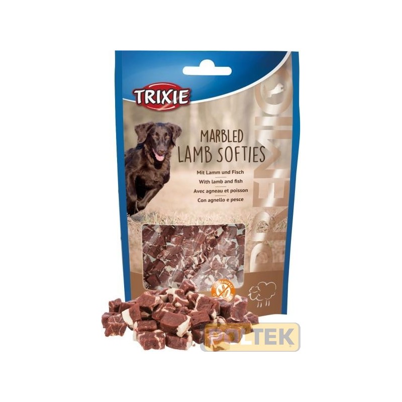 Composizione: carne d'agnello (72 %), pesce bianco (8 %), amido di mais, pelle di bovino, glicerina, sorbitolo, minerali | senza