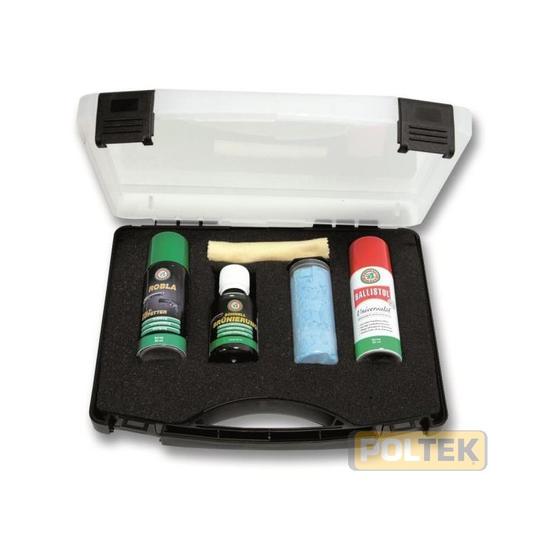 Contenuto: BALLISTOL spray 50 ml, Robla sgrassatore a fred-do spray 50 ml, KLEVER brunitura rapida 50 ml, 2 paia di guan-ti mono