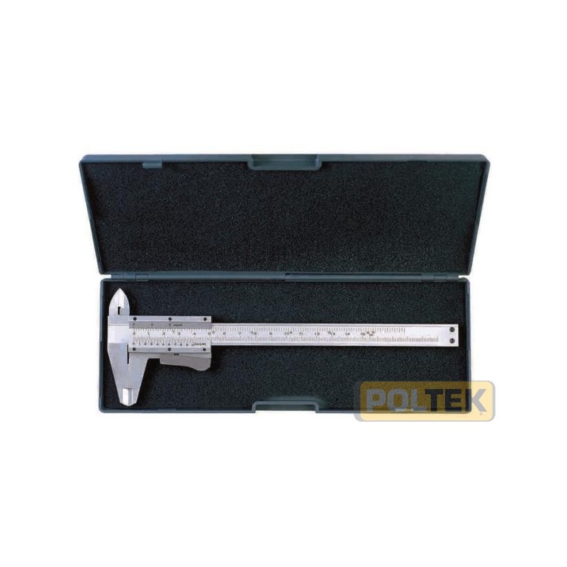 Calibro di precisione. Inox temprato, scala cromata opaca bloccaggio a leva. Astuccio ABS, capacità 0-150 mm, becchi 40 mm, let