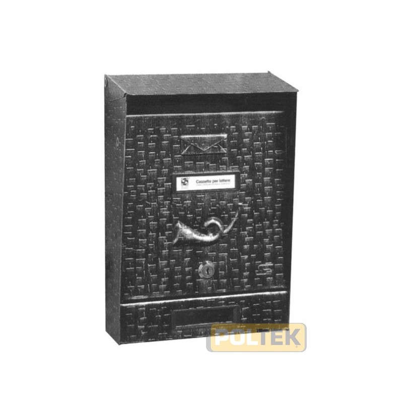 Cassetta 220x325x75/110 mm CON TETTO parapioggia. Impostazione frontale e dall'alto. Apertura imbucalettere 170x27 mm. Nera lavo