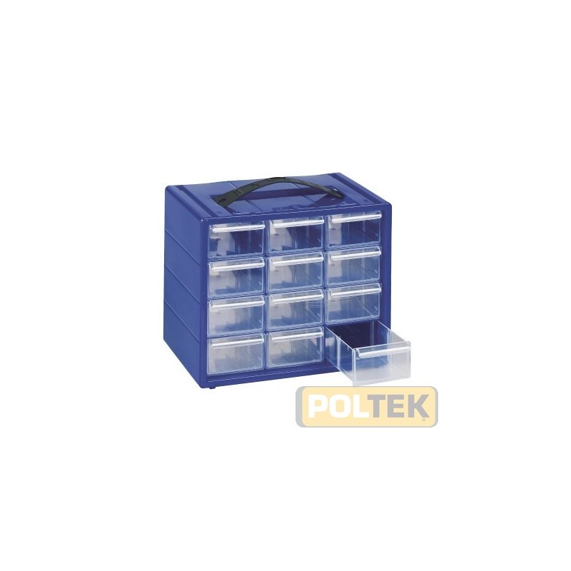 Cassettiera monoblocco porta minuteria con 12 cassetti e 12 divisori estraibili in dotazione. Corpo in PEHD (Polietilene ad alta