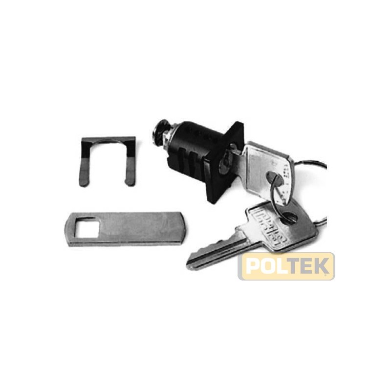 Serratura a leva fissaggio con seeger. Levetta piana. Rotazione 90° destro (1 uscita chiave). Corpo in polimero nero. Cilindro 