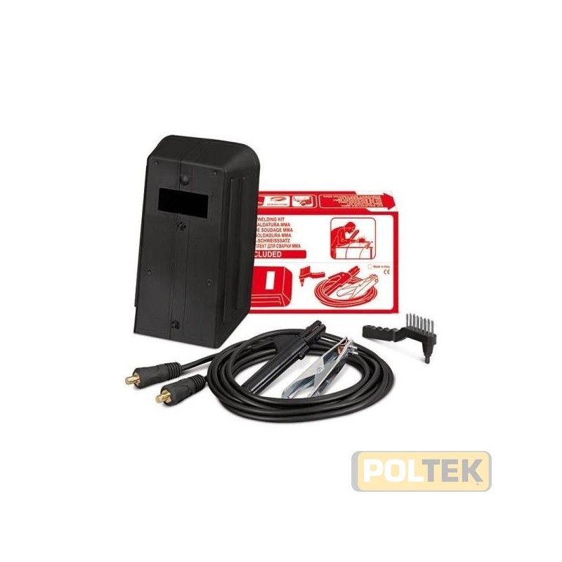 Fornito in scatola il kit Telwin comprende cavi con diametro 10mm2 (3m + 2m), pinza portaelettrodi 300A, pinza di massa 250A, ma