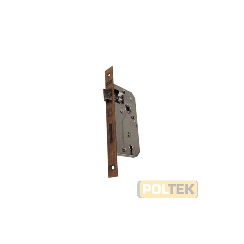 Serratura Patent bronzata quadro 8. Frontale mm. 22. Interasse mm. 90. Scrocco reversibile. Bordo quadrato mm. 190. Con contropi